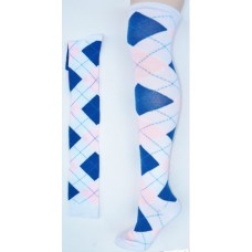 White with pink and blue over the knee cotton argyle socks size 4-9